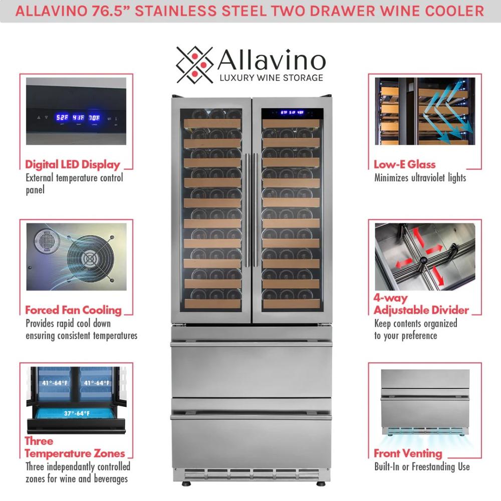 Allavino wine cooler with features highlighted on a white background
