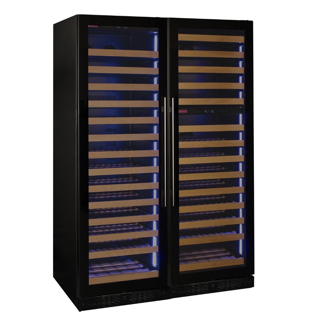 black triple zone wine fridge shown on white background