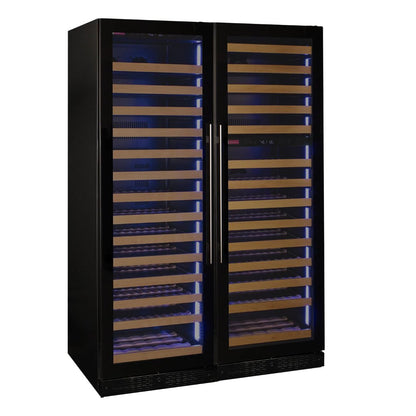 black triple zone wine fridge shown on white background