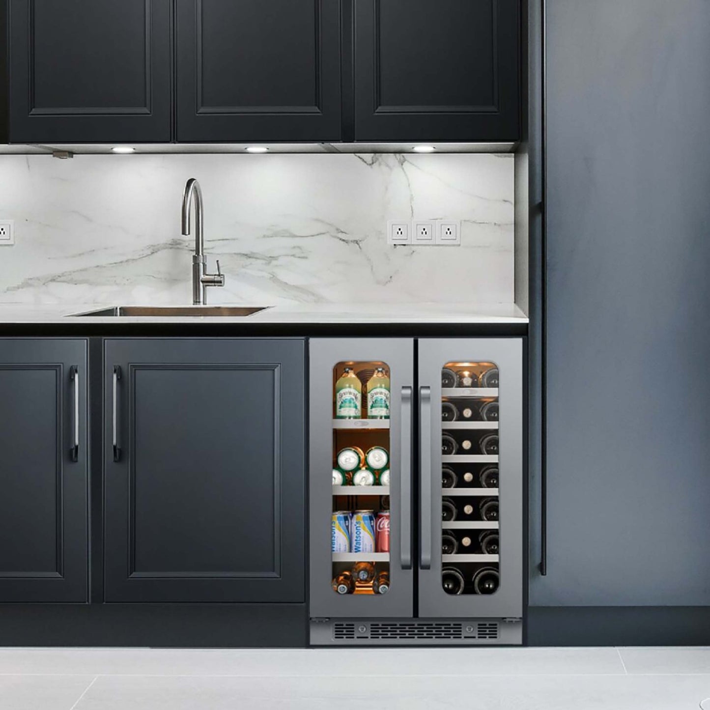Built-in Whynter wine and beverage center installed under dark kitchen cabinets