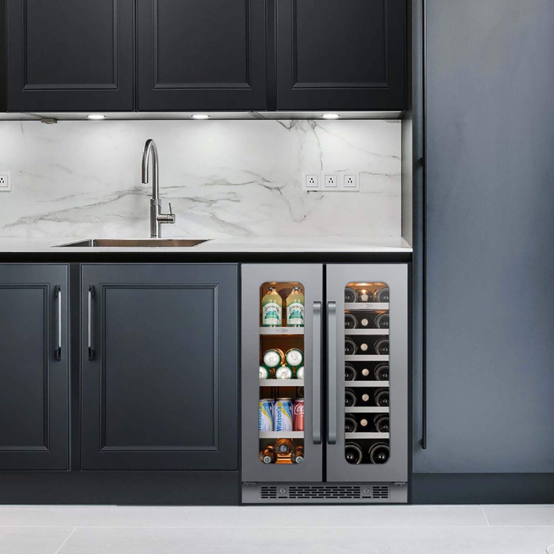 Built-in Whynter wine and beverage center installed under dark kitchen cabinets