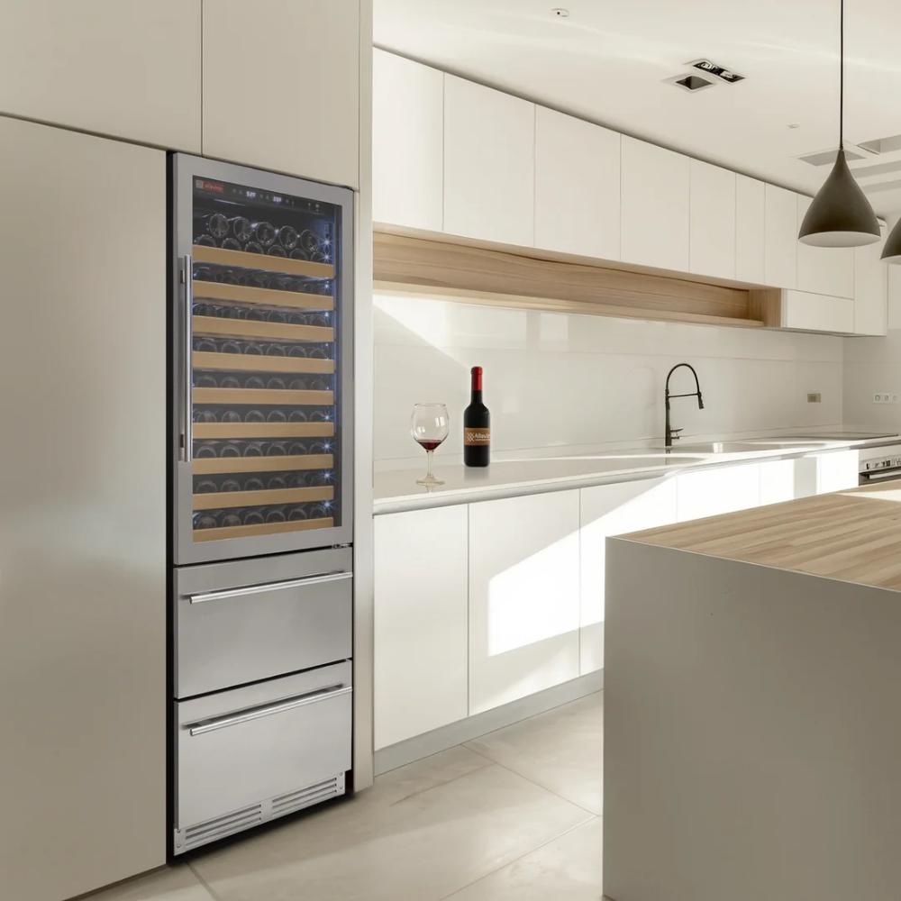 Modern kitchen with a wine cooler and kitchen island.