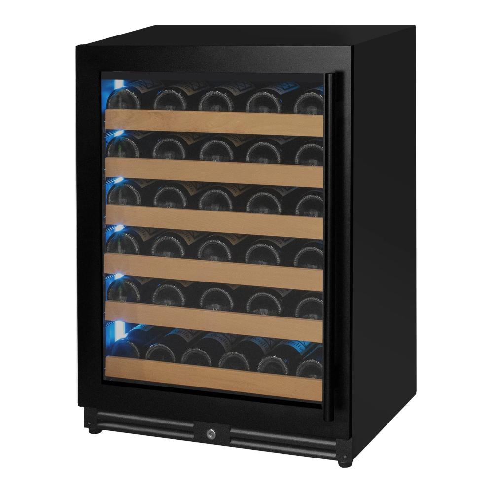 Black wine cooler with wooden shelves and glass door displaying wine bottles.