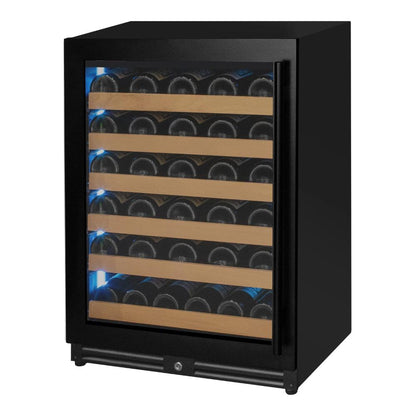 Black wine cooler with wooden shelves and glass door displaying wine bottles.