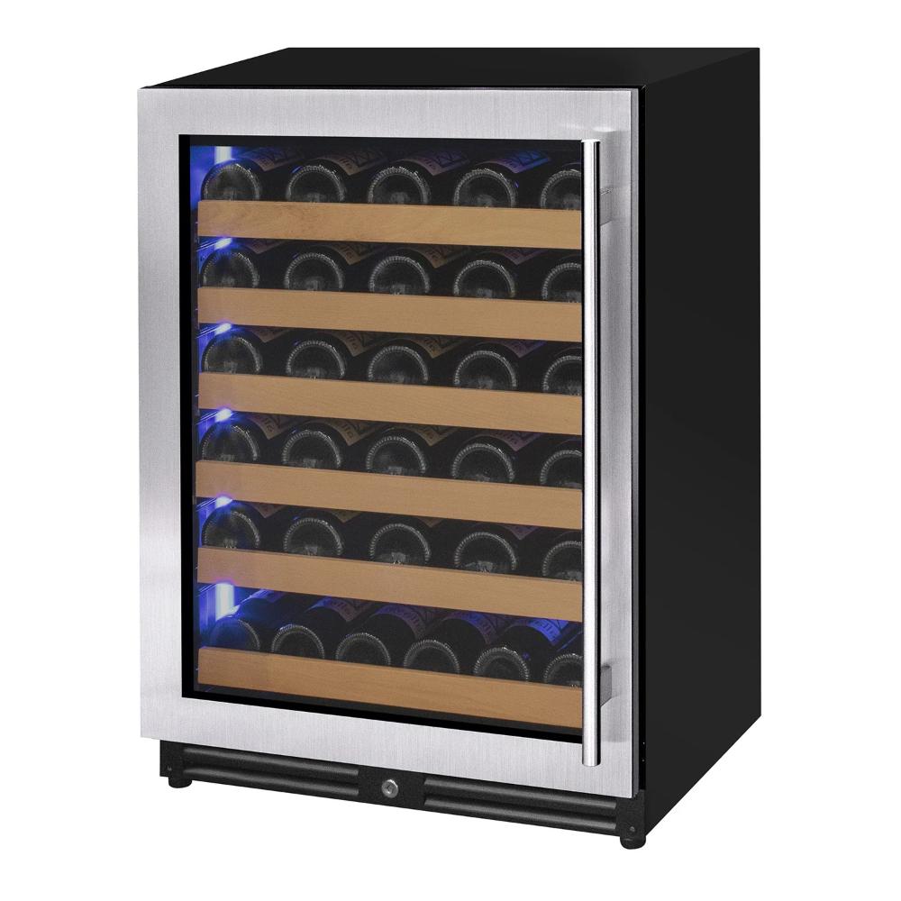 Wine cooler with glass door displaying wine bottles on a white background