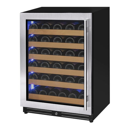Wine cooler with glass door displaying wine bottles on a white background