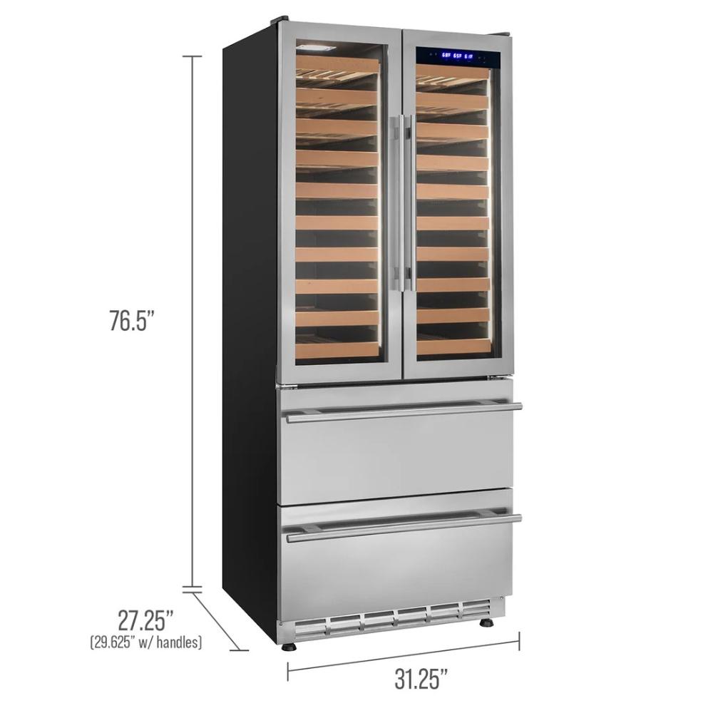 Wine cooler with dimensions labeled on a white background