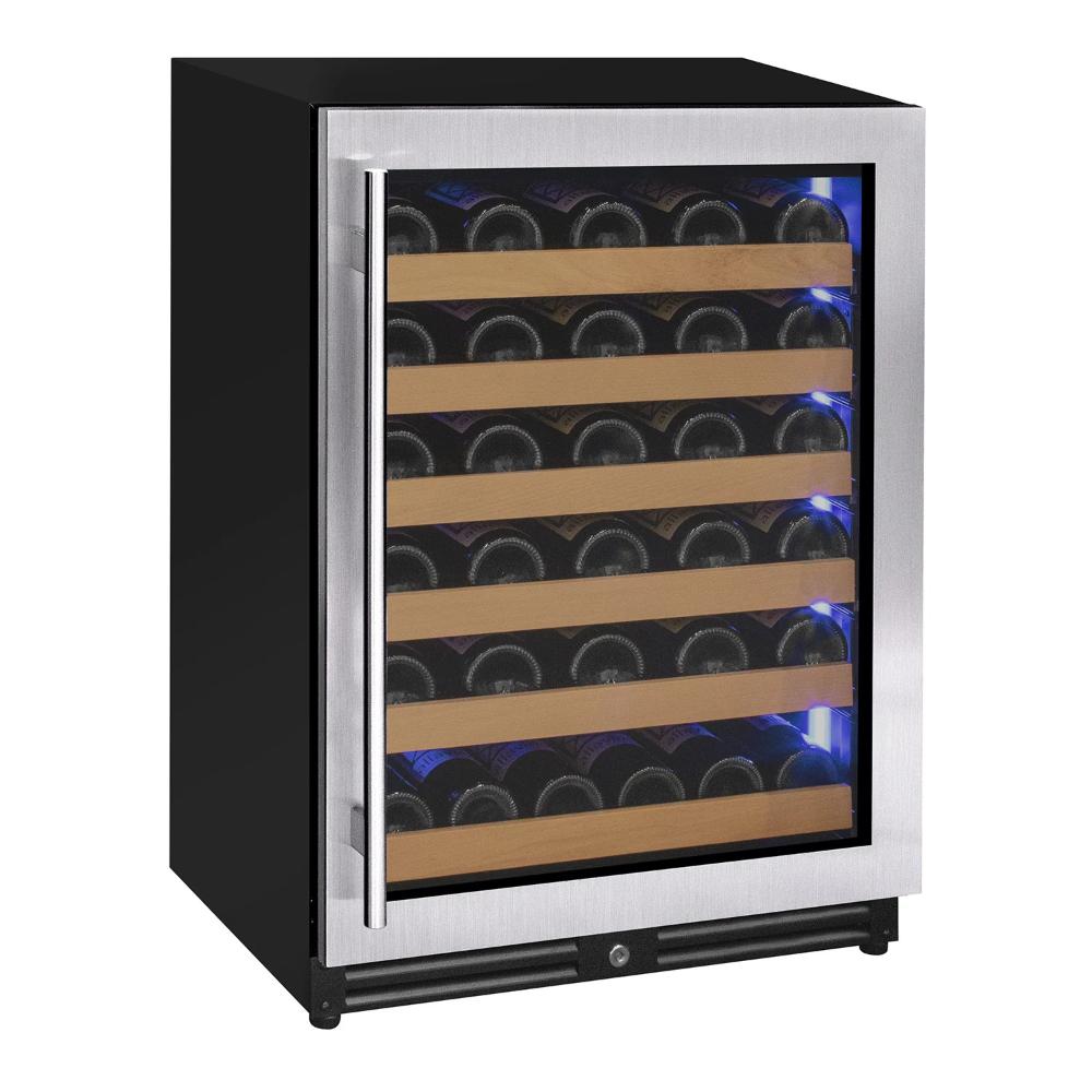 Wine cooler with glass door displaying wine bottles on a white background
