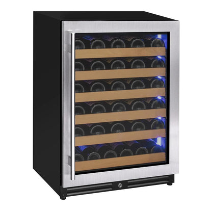 Wine cooler with glass door displaying wine bottles on a white background