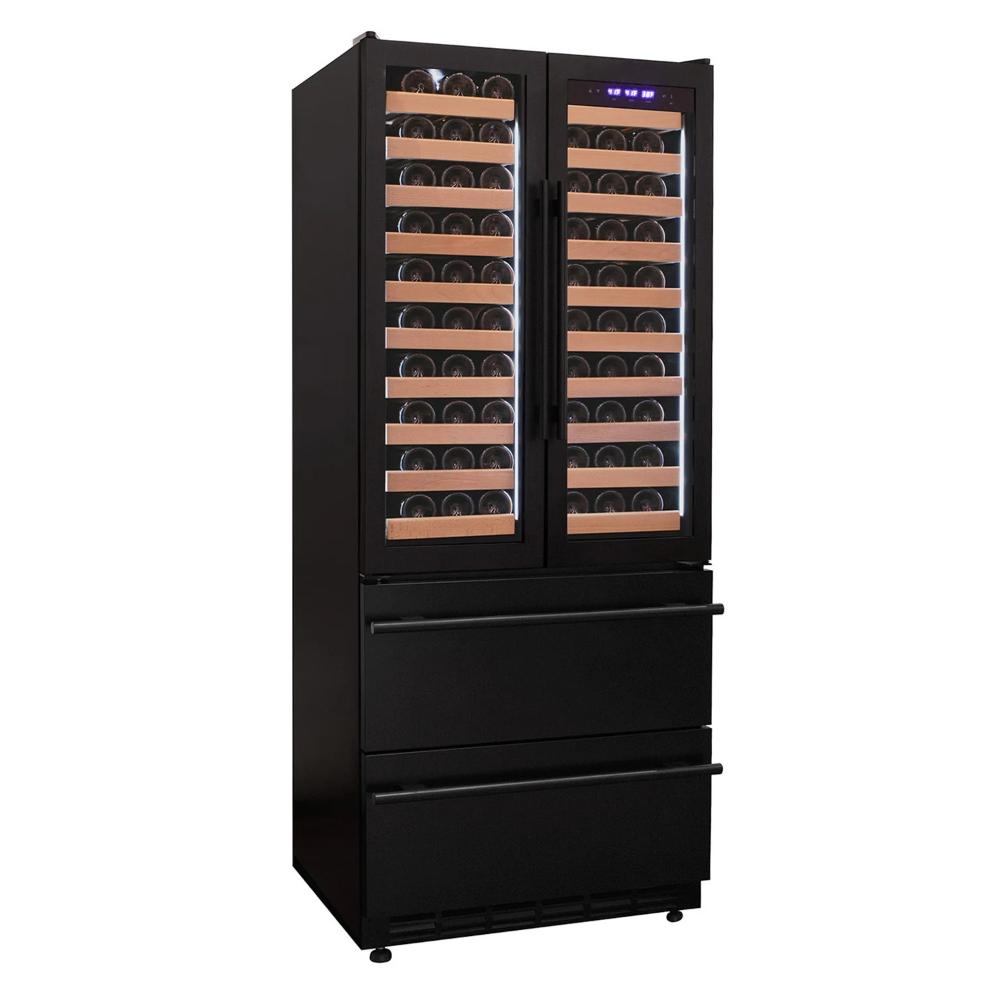 Black wine cooler with glass doors displaying rows of wine bottles on a white background
