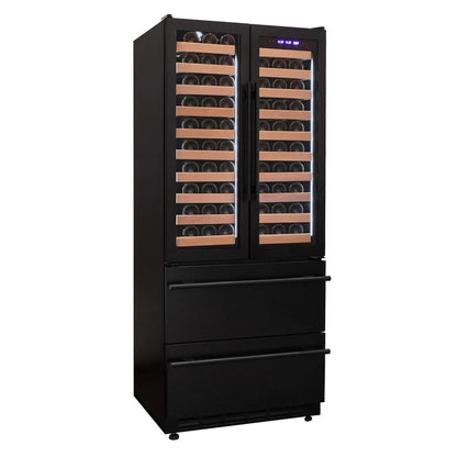 Black wine cooler with glass doors displaying rows of wine bottles on a white background