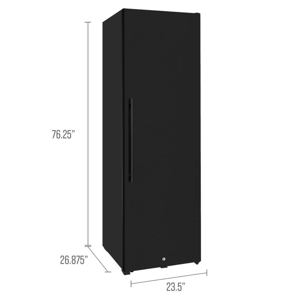 Black refrigerator with dimensions labeled on a white background