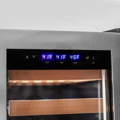 Digital temperature display on a wine cooler with wooden shelves.