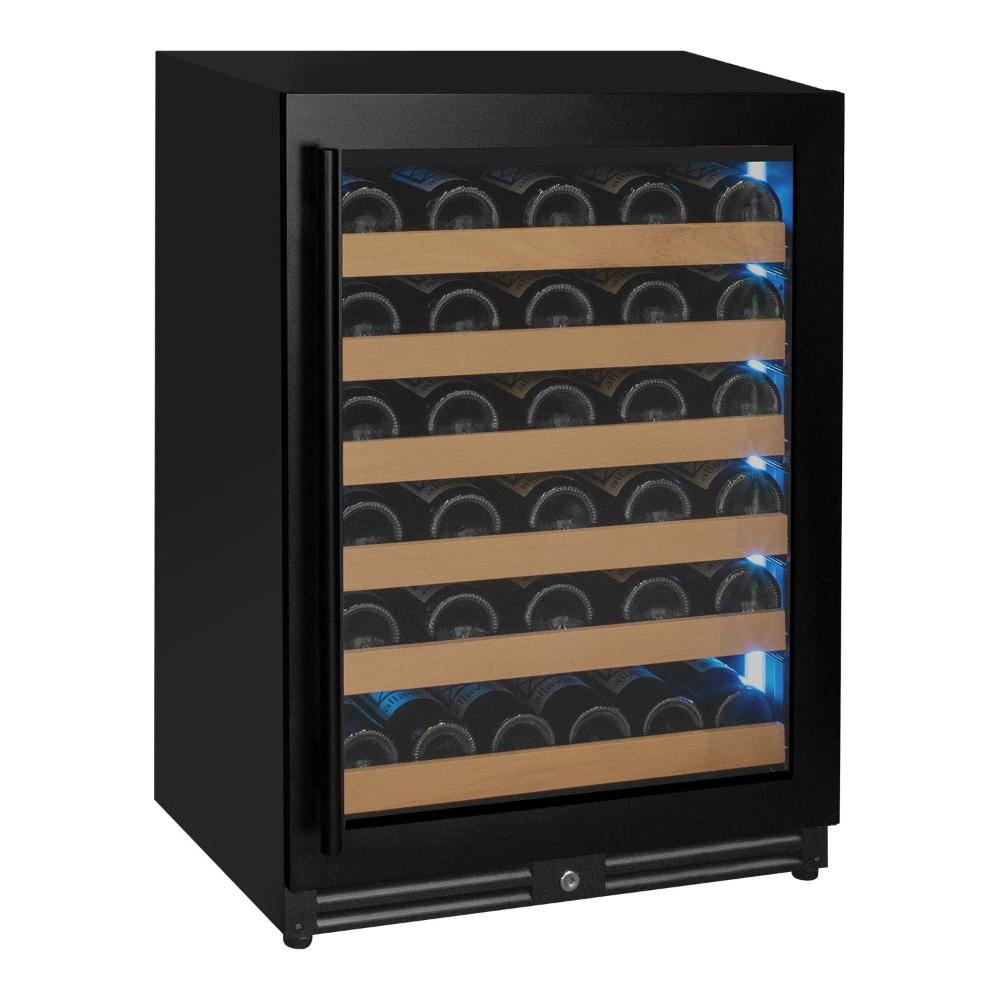 Black wine cooler with glass door displaying wine bottles on a white background