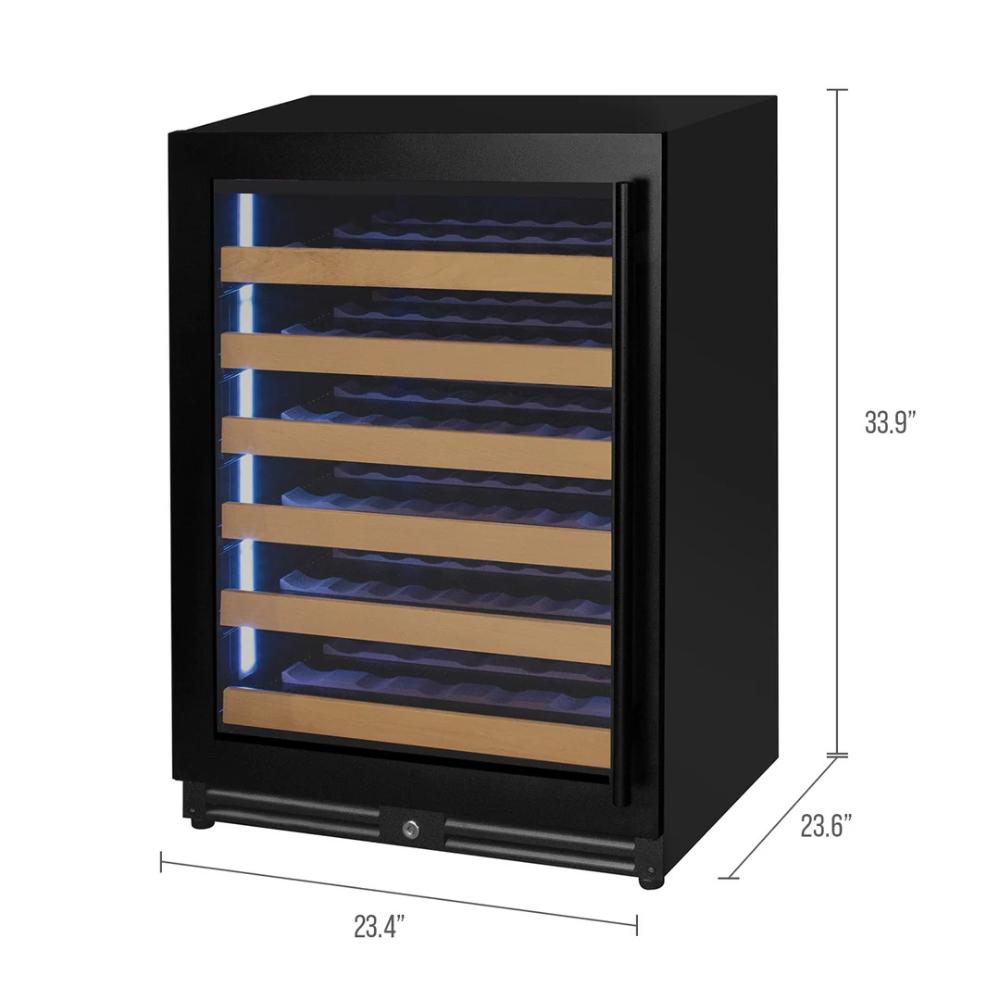 Black wine cooler with dimensions displayed on a white background