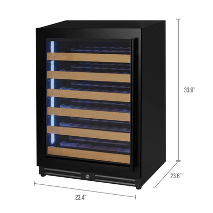 Black wine cooler with dimensions displayed on a white background