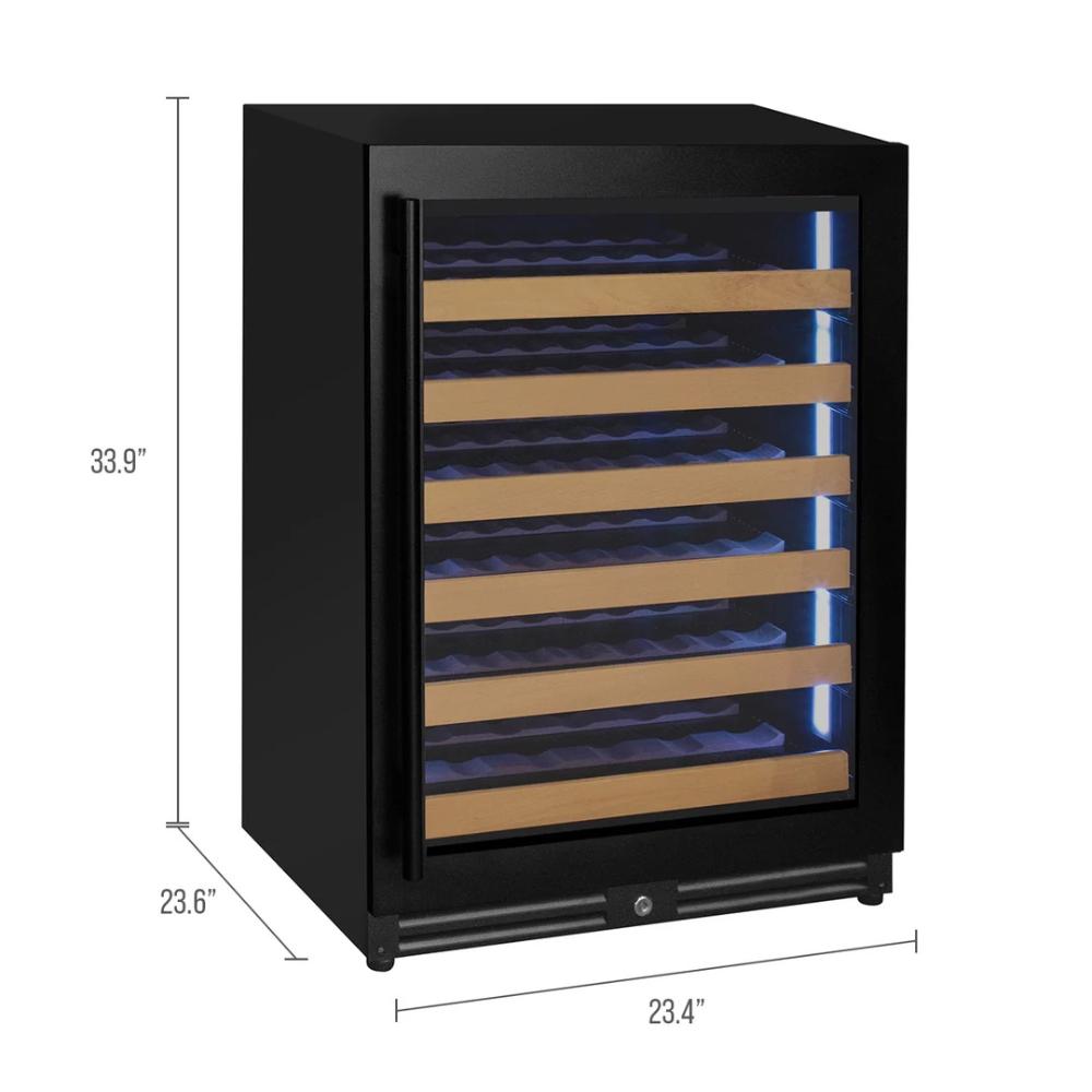 Wine cooler with dimensions displayed on a white background