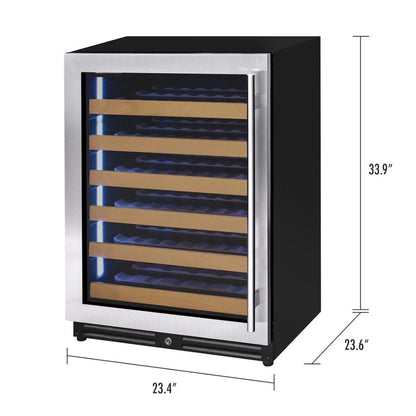Wine cooler with dimensions labeled on a white background