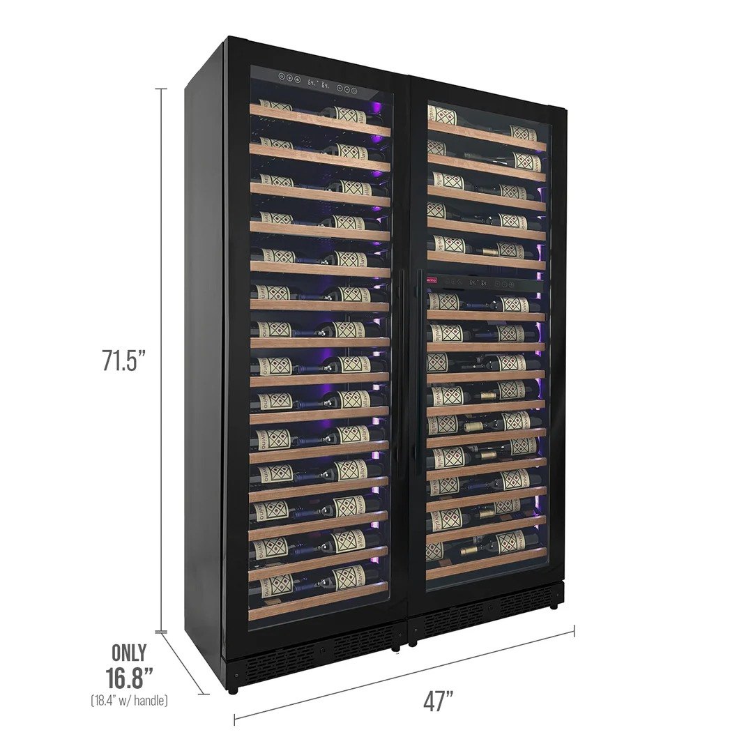 Wine cooler with wine bottles inside, dimensions displayed on a white background