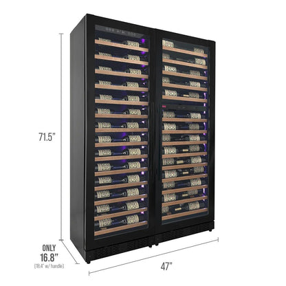 Wine cooler with wine bottles inside, dimensions displayed on a white background