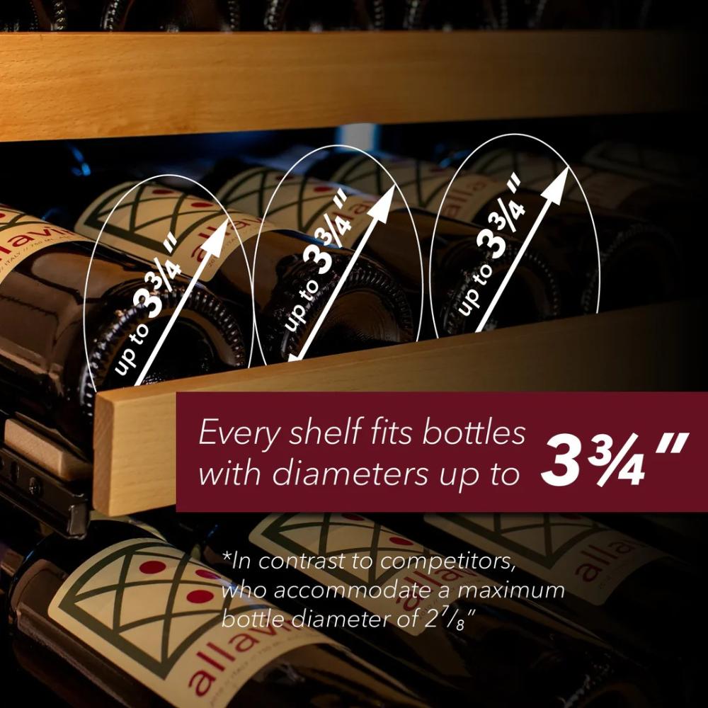 Bottle shelf with dimensions indicating it fits bottles up to 3 3/4 inches in diameter, featuring Allavie brand.