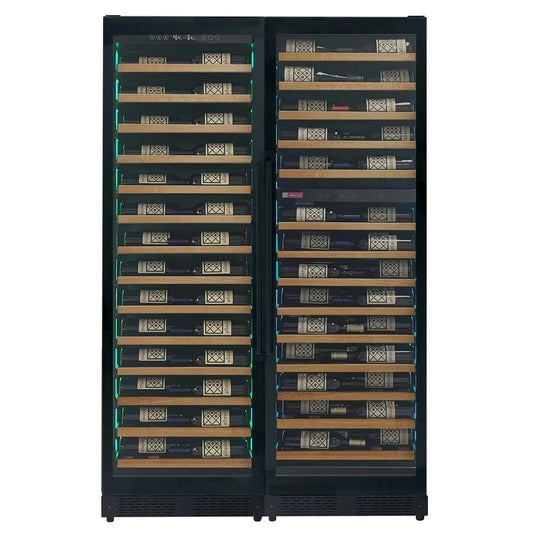 Wine cooler with multiple shelves filled with wine bottles on a white with blue  and green led light strip