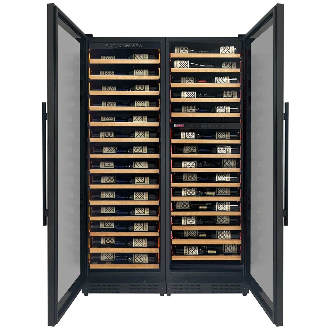 Wine cooler with open doors displaying rows of wine bottles on shelves.