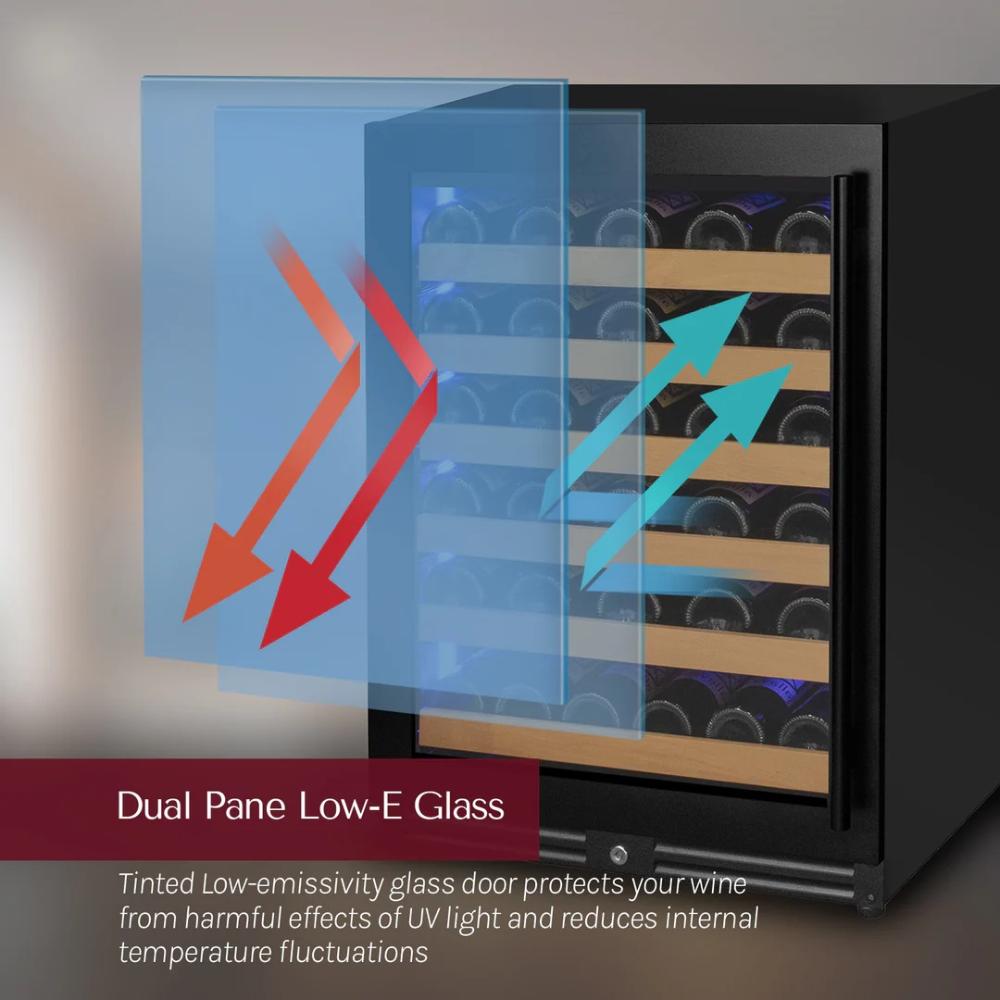 Wine cooler with dual pane low-E glass door featuring arrows indicating UV light protection.