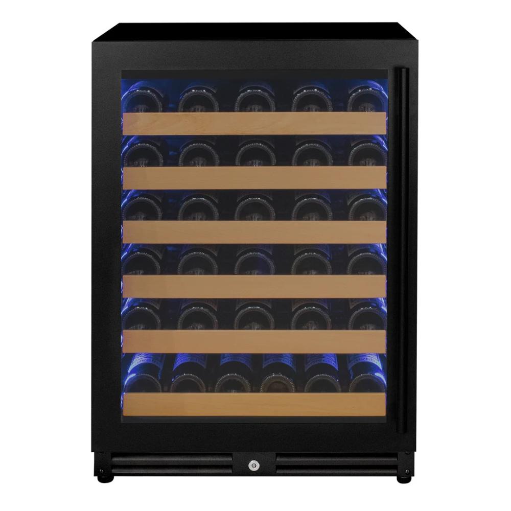 Wine cooler with glass door displaying wine bottles on a white background