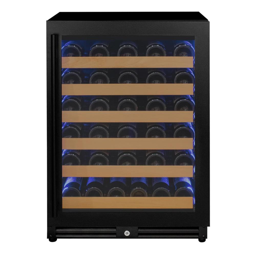 Wine cooler with bottles inside on a white background