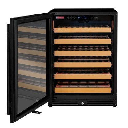 Wine cooler with open door displaying wine bottles on shelves.