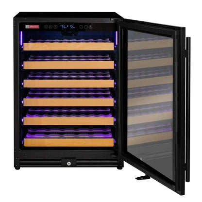 Wine cooler with open door showing wooden shelves and digital display.