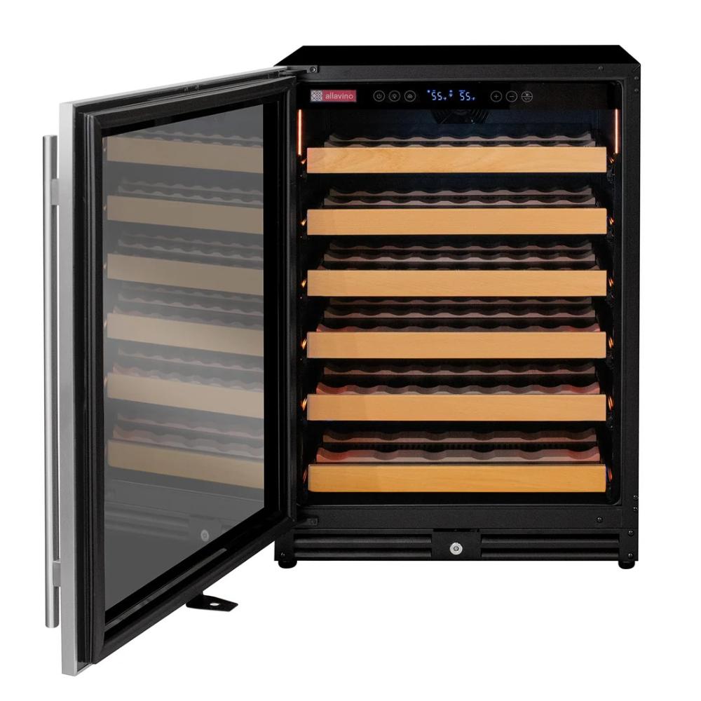 Wine cooler with open door displaying rows of wine bottles on a white background