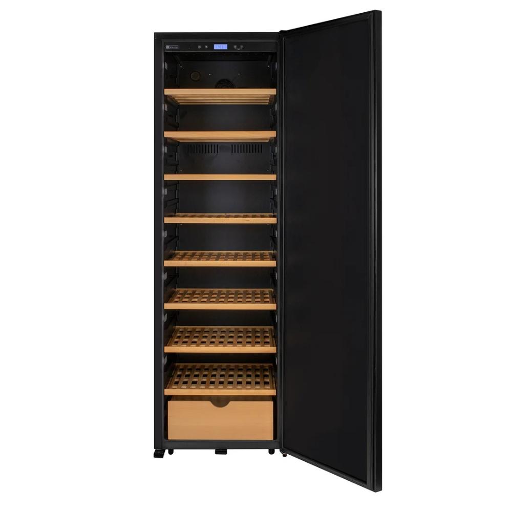 Black wine cooler with open door on a white background