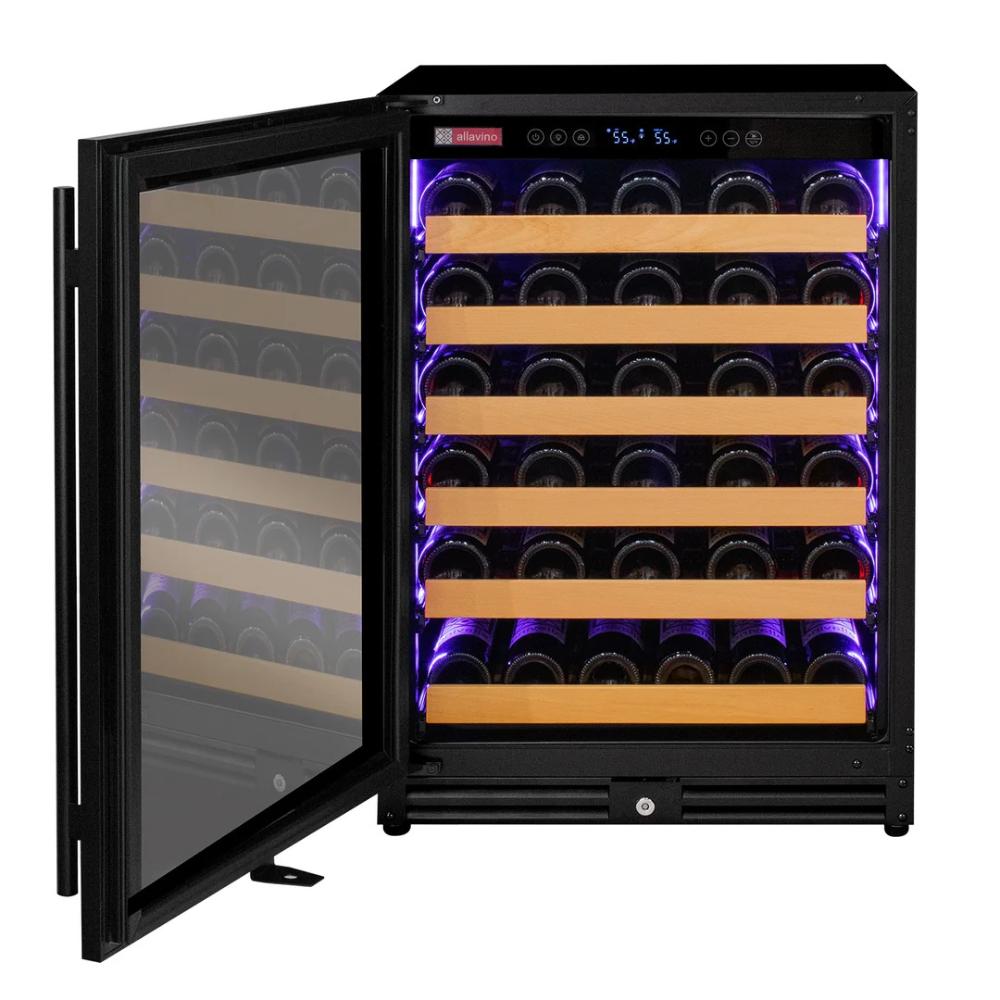 Wine cooler with open door displaying wine bottles inside, on a white background