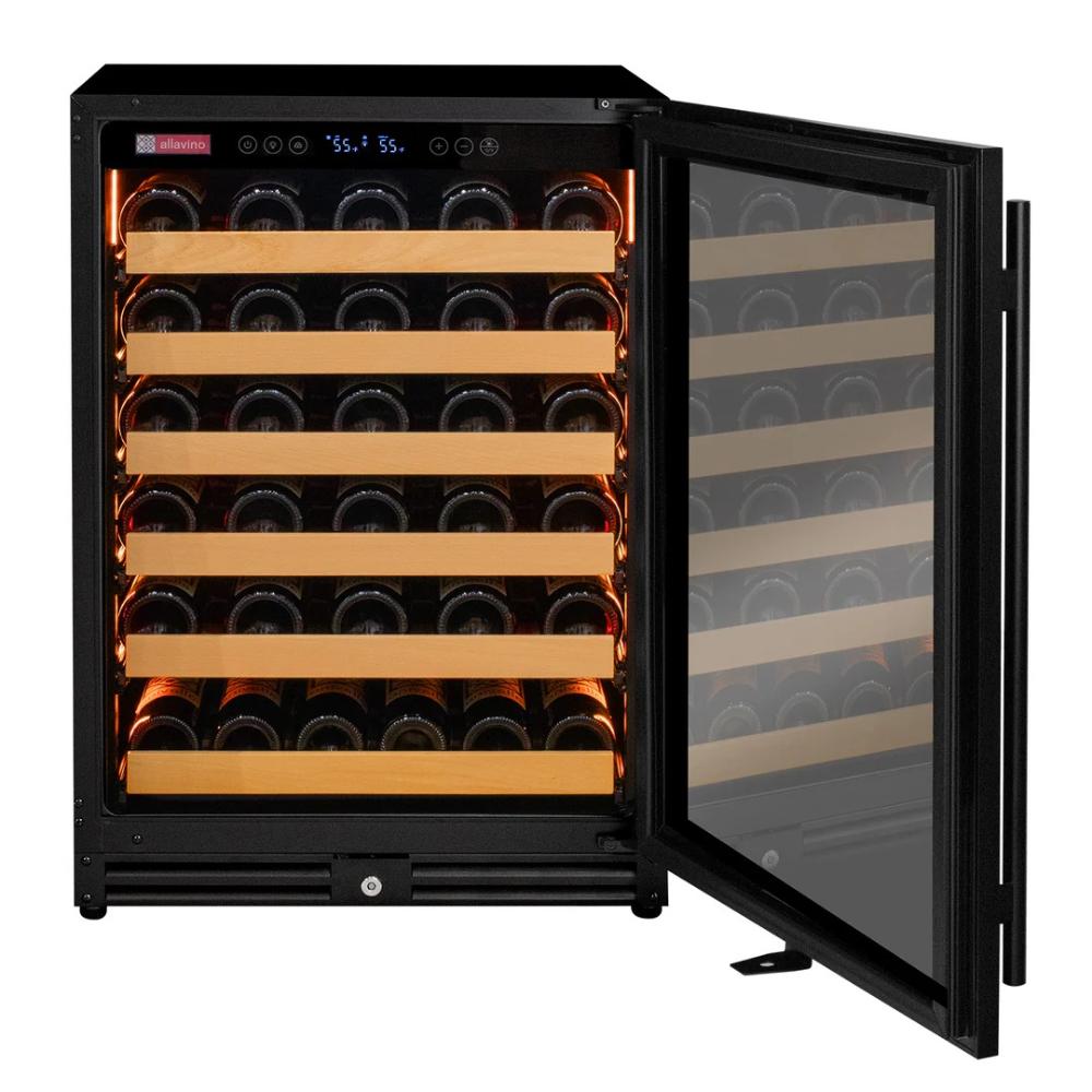 Wine cooler with open door displaying wine bottles inside.
