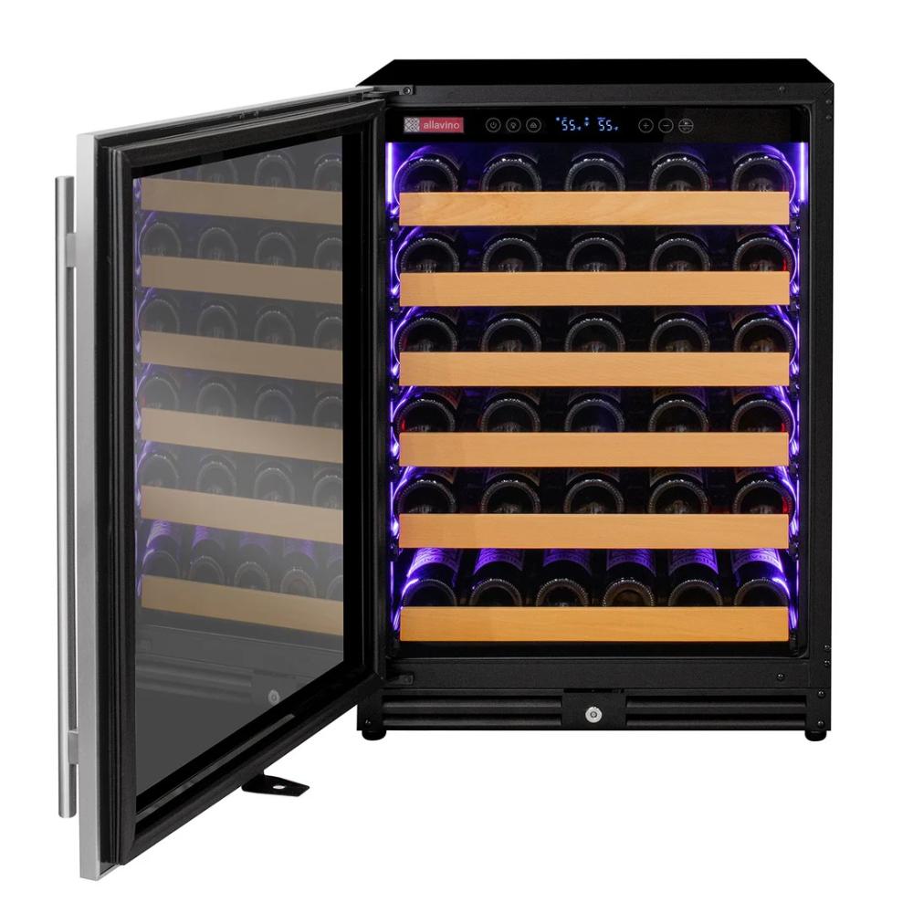 Wine cooler with open door displaying wine bottles inside.