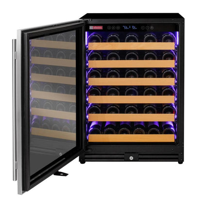 Wine cooler with open door displaying wine bottles inside.