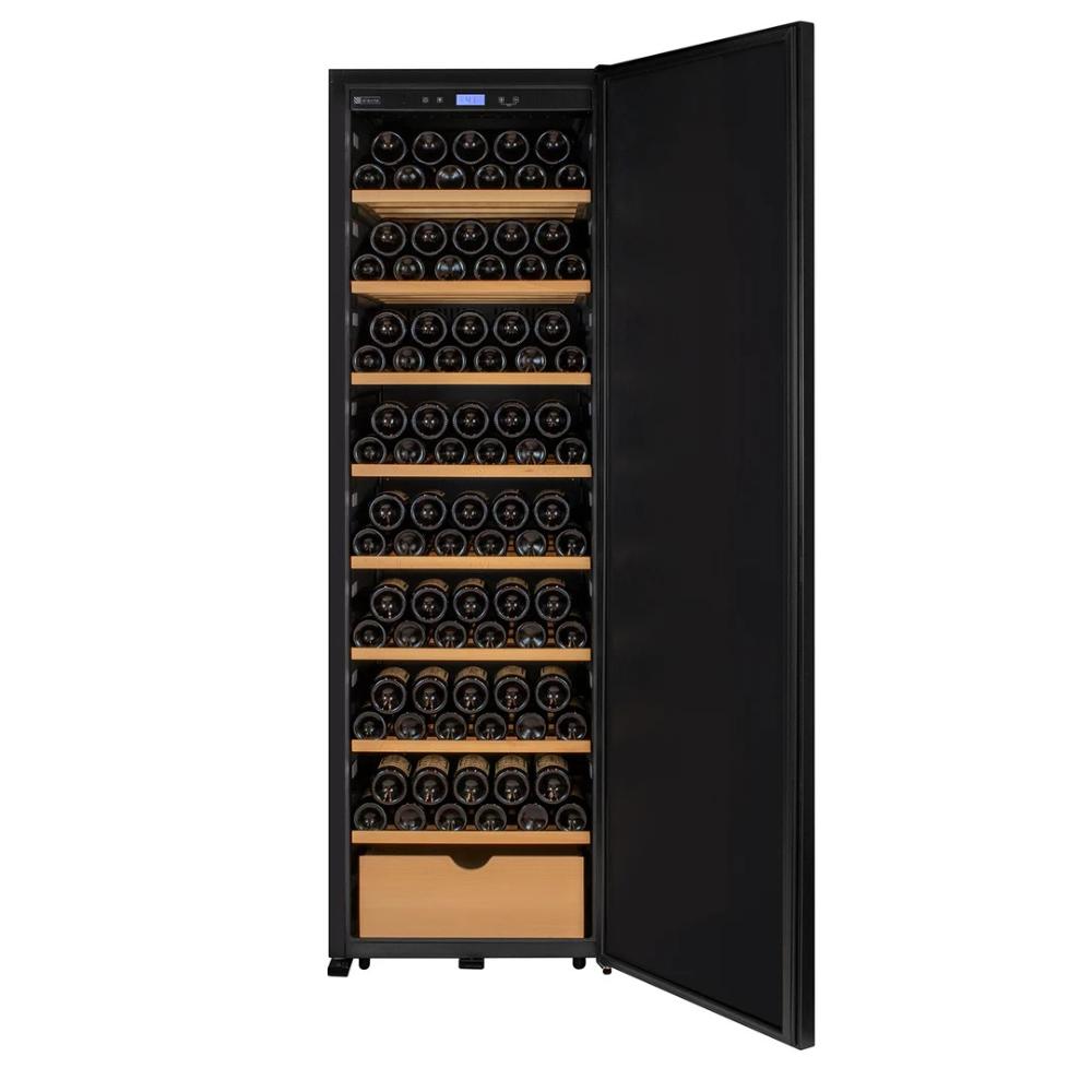 Black wine cooler with open door displaying wine bottles on shelves.