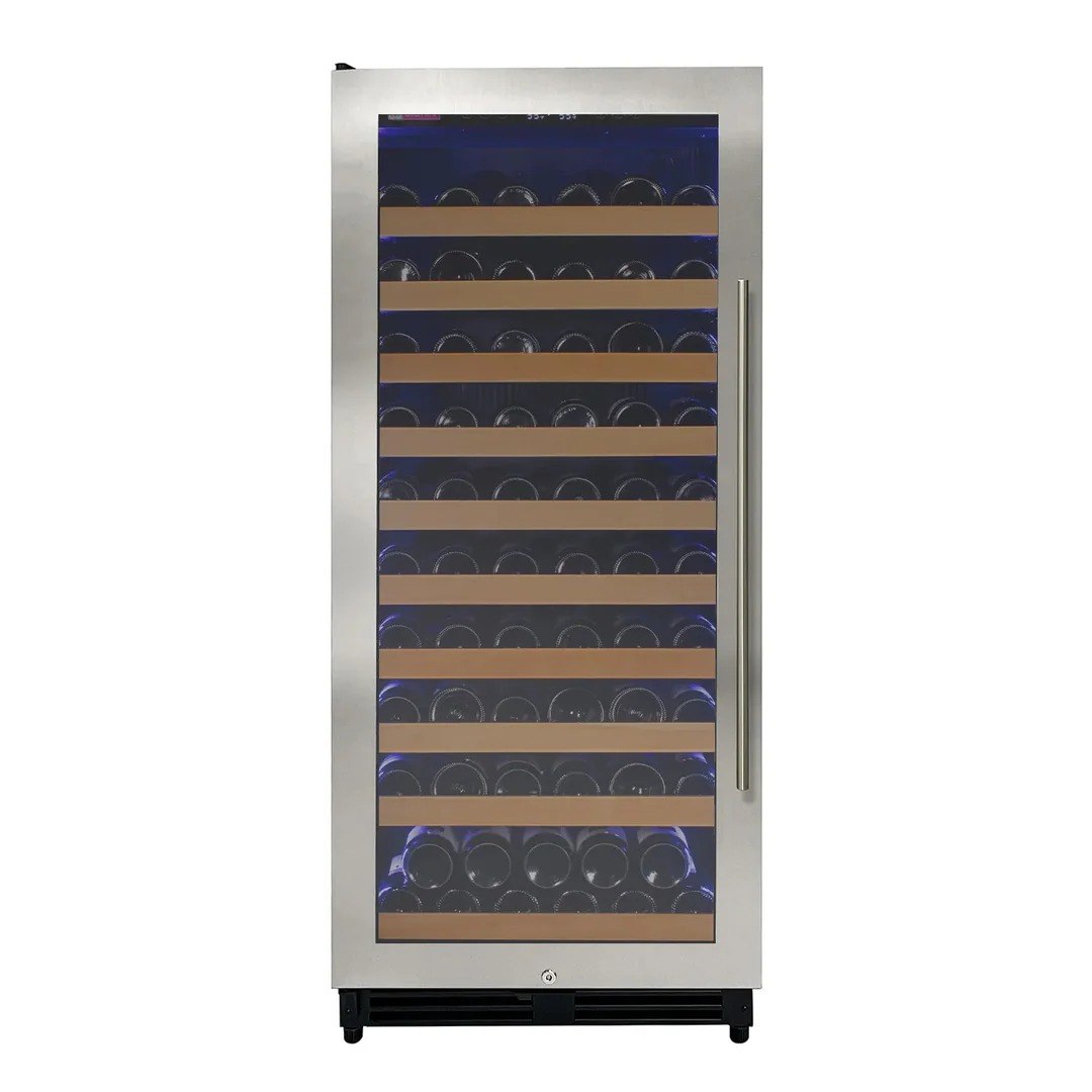 Stainless steel wine cooler with glass door on a white background
