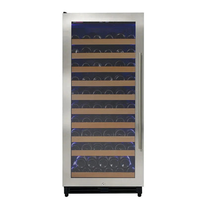 Stainless steel wine cooler with glass door on a white background