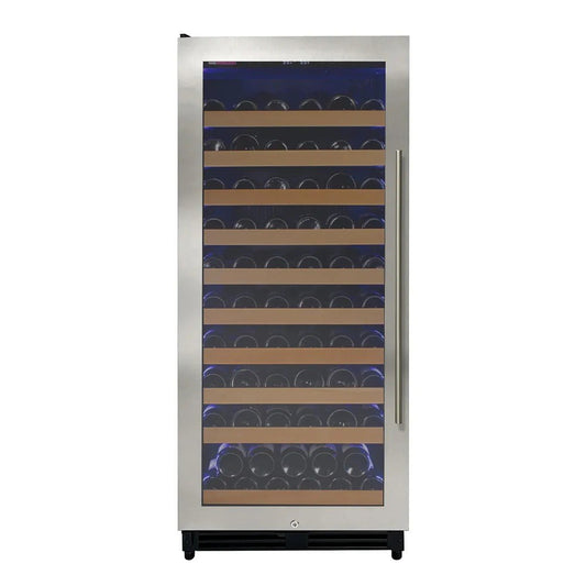 Stainless steel wine cooler with glass door on a white background
