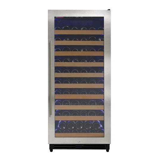 Stainless steel wine cooler with glass door displaying wine bottles on a white background