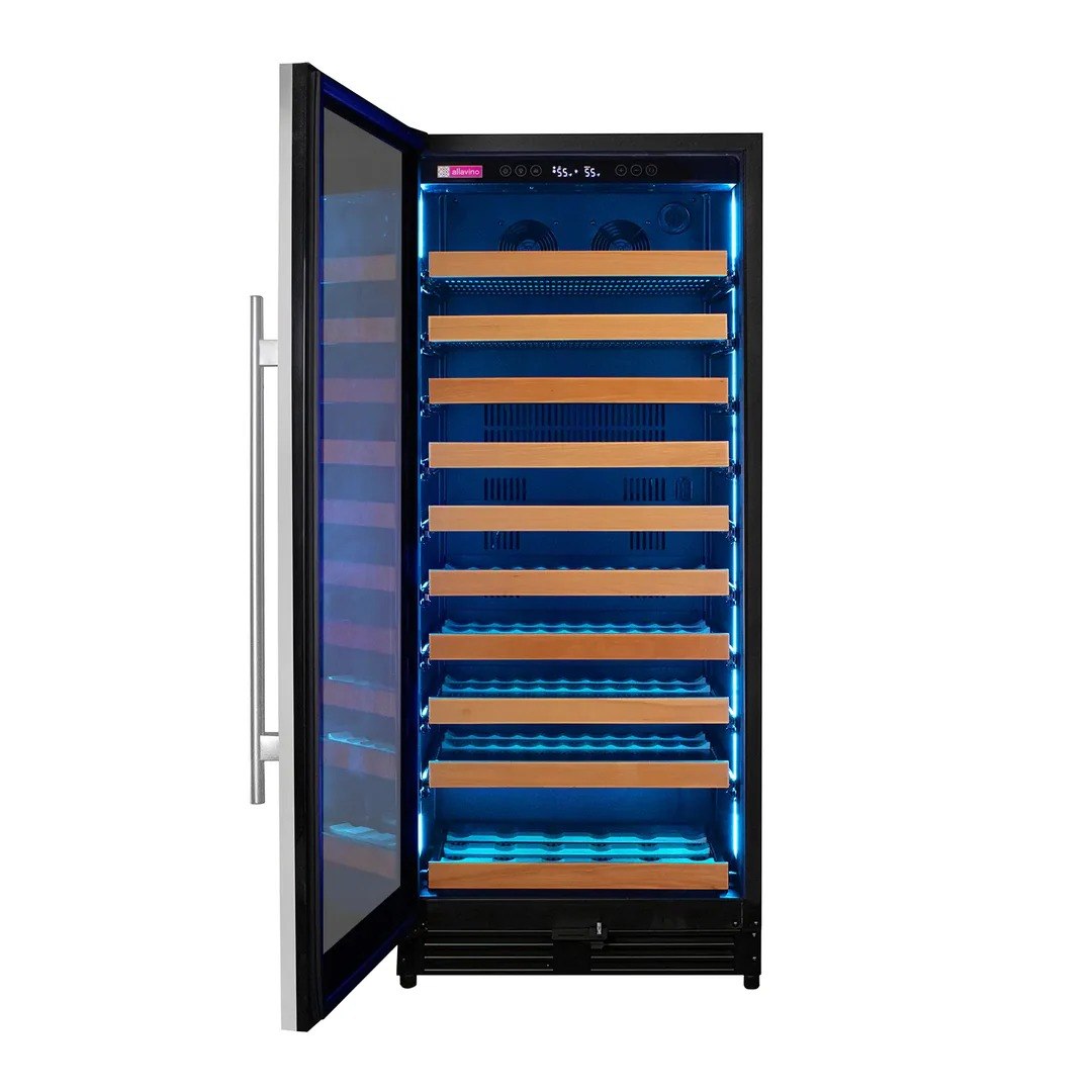 Wine cooler with open door displaying wooden shelves and blue interior lighting on a white background