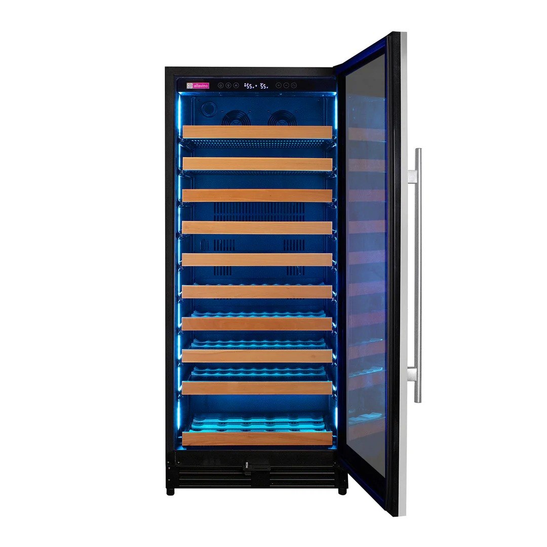 Wine cooler with open door displaying wooden shelves and blue interior lighting on a white background