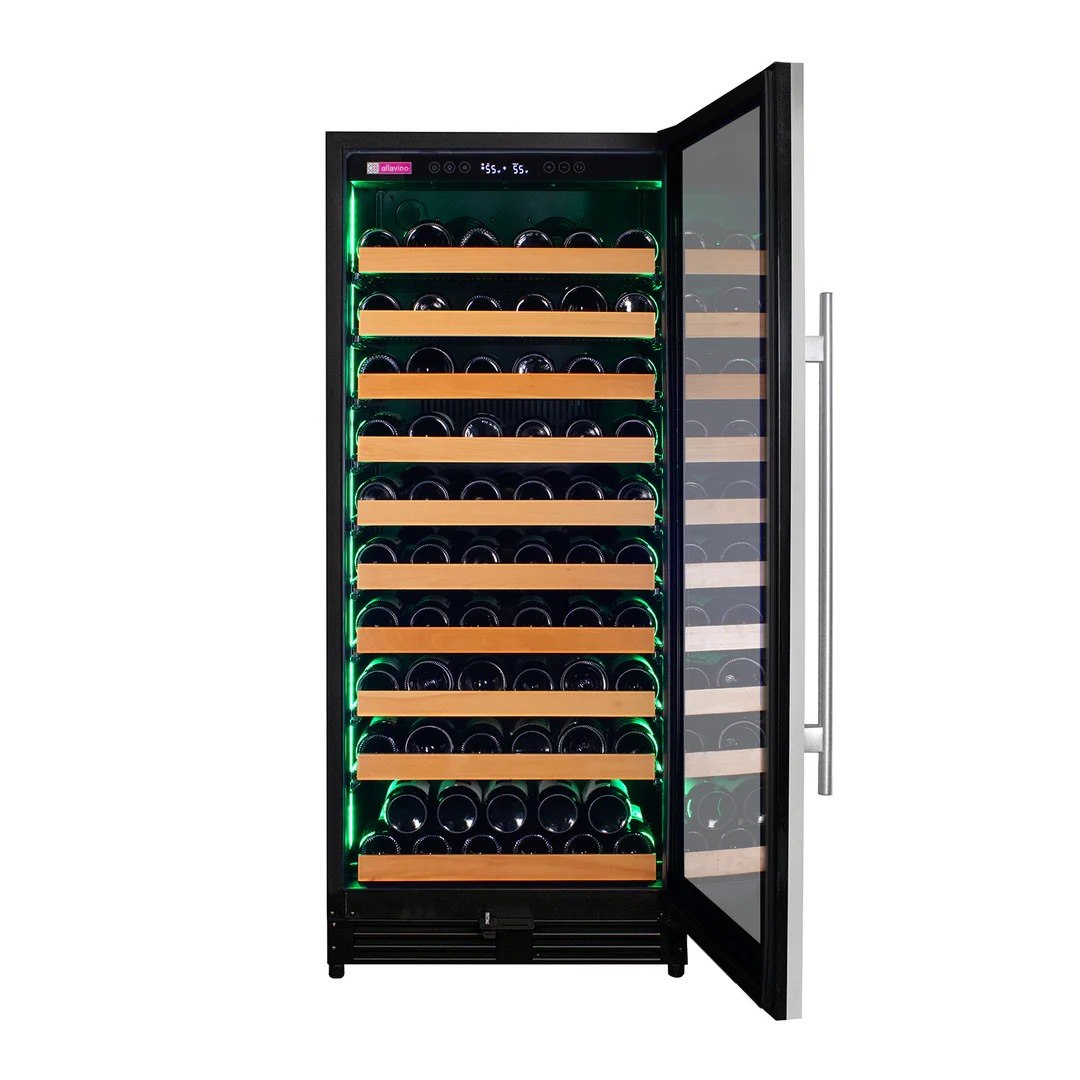 Wine cooler with open door displaying rows of wine bottles on a white background