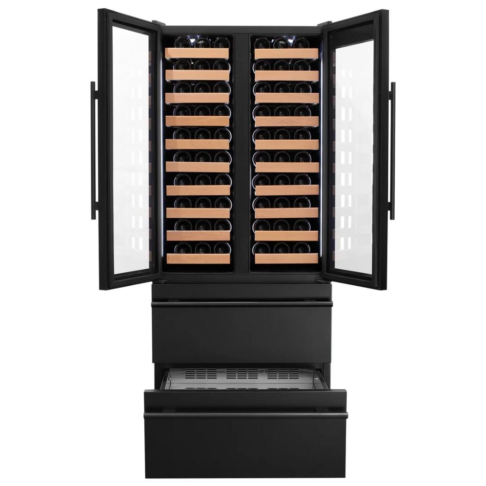 Black wine cooler with open doors displaying rows of wine bottles  and pull out bottom drawer open on a white background