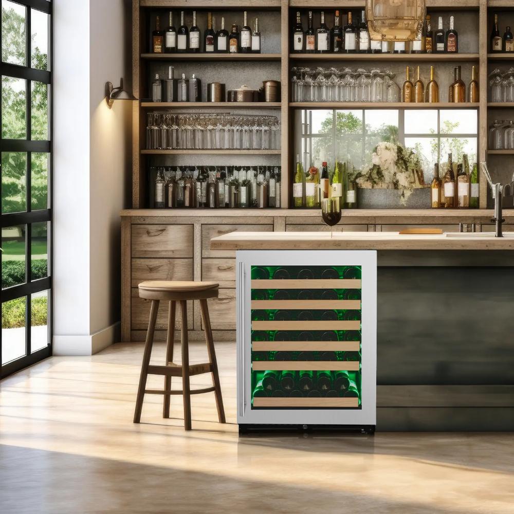 Wine cooler in a modern kitchen with shelves of wine bottles and glasses.