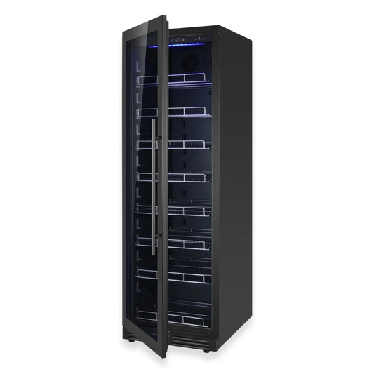Large black beverage refrigerator with stainless steel Low-E glass door