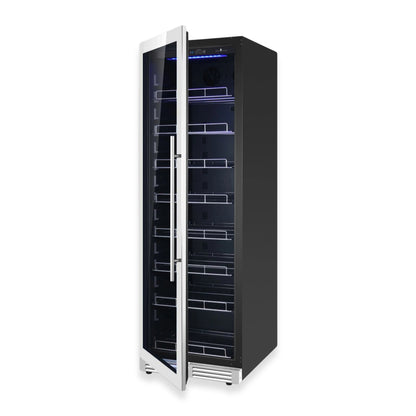 Stainless steel left-hinge beverage refrigerator with Low-E glass door on white background